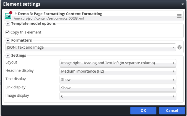 Sample JSON element settings for a section content.